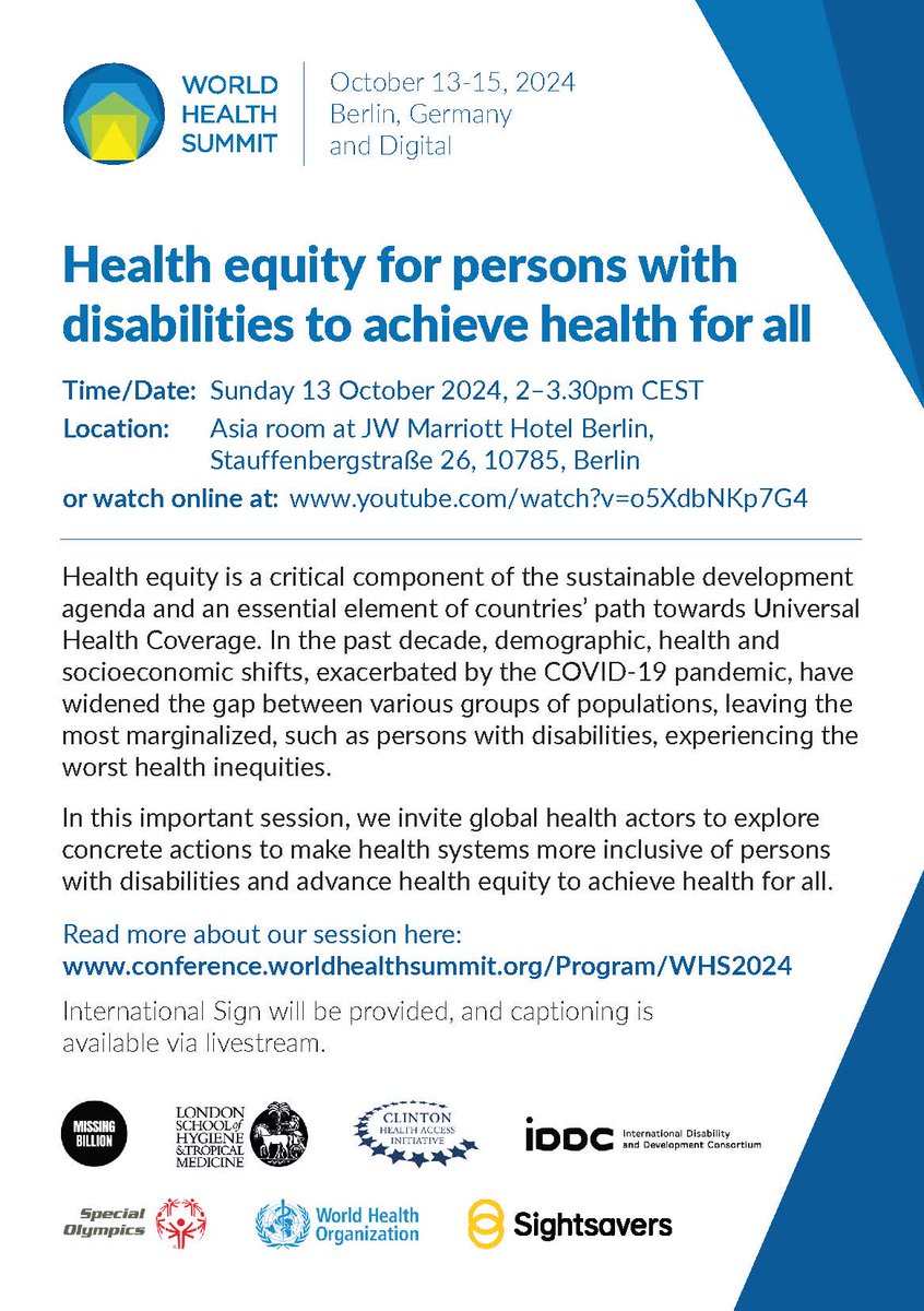 Join us and partners, in person or online, for our #WHS2024 event "Health Equity for Persons with Disabilities to Achieve Health for All"!

📅 Sunday 13 October

🕑 14.00 - 15.30 CEST!

Details at conference.worldhealthsummit.org/Program/WHS2024

#HealthForAll #HealthEquity #RightToHealth