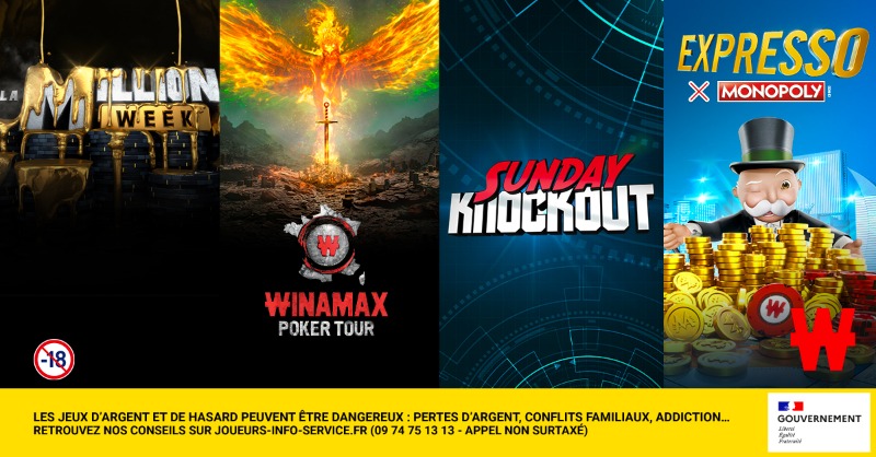 Winamax's tweet photo. Ce week-end sur Winamax :
🤑 La #MillionWeek.
🗡️ Les tremplins #WiPT.
🥊 Le #SundayKnockout.
🎲 Les #ExpressoMonopoly.
