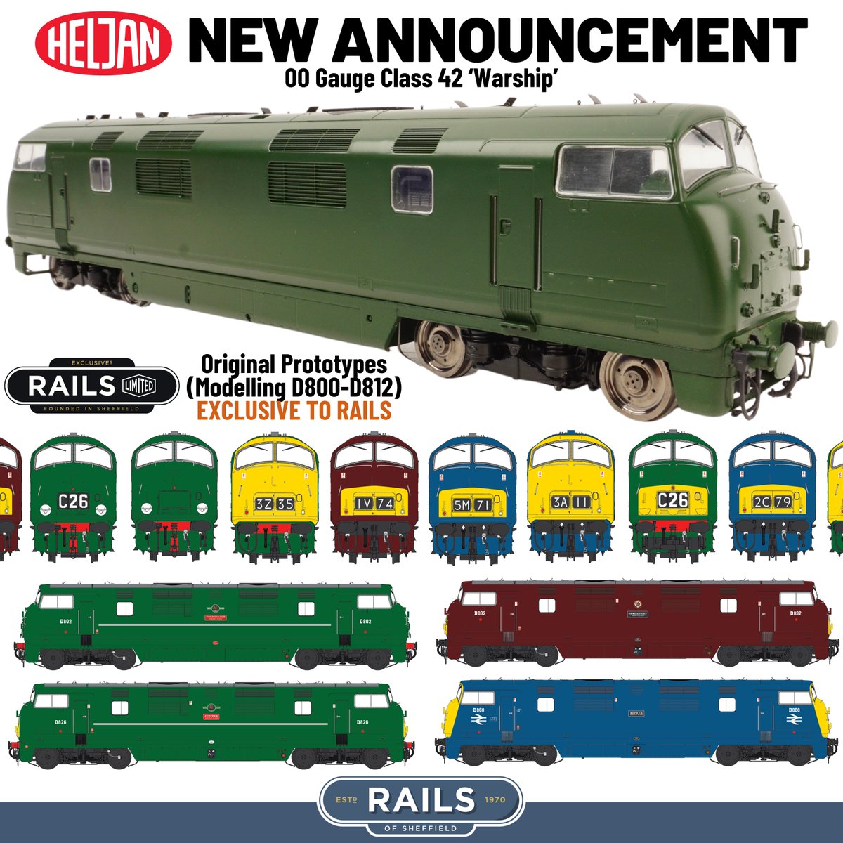 railssheffield's tweet photo. 🥳 We are excited to announce Heljan's next OO gauge locomotive project - the Class 42 'Warship' available for the first time ever in modern super-detailed RTR form! Pre-order now from £191.25: https://t.co/DFx8qsIAQA https://t.co/b5QzIsaEWp