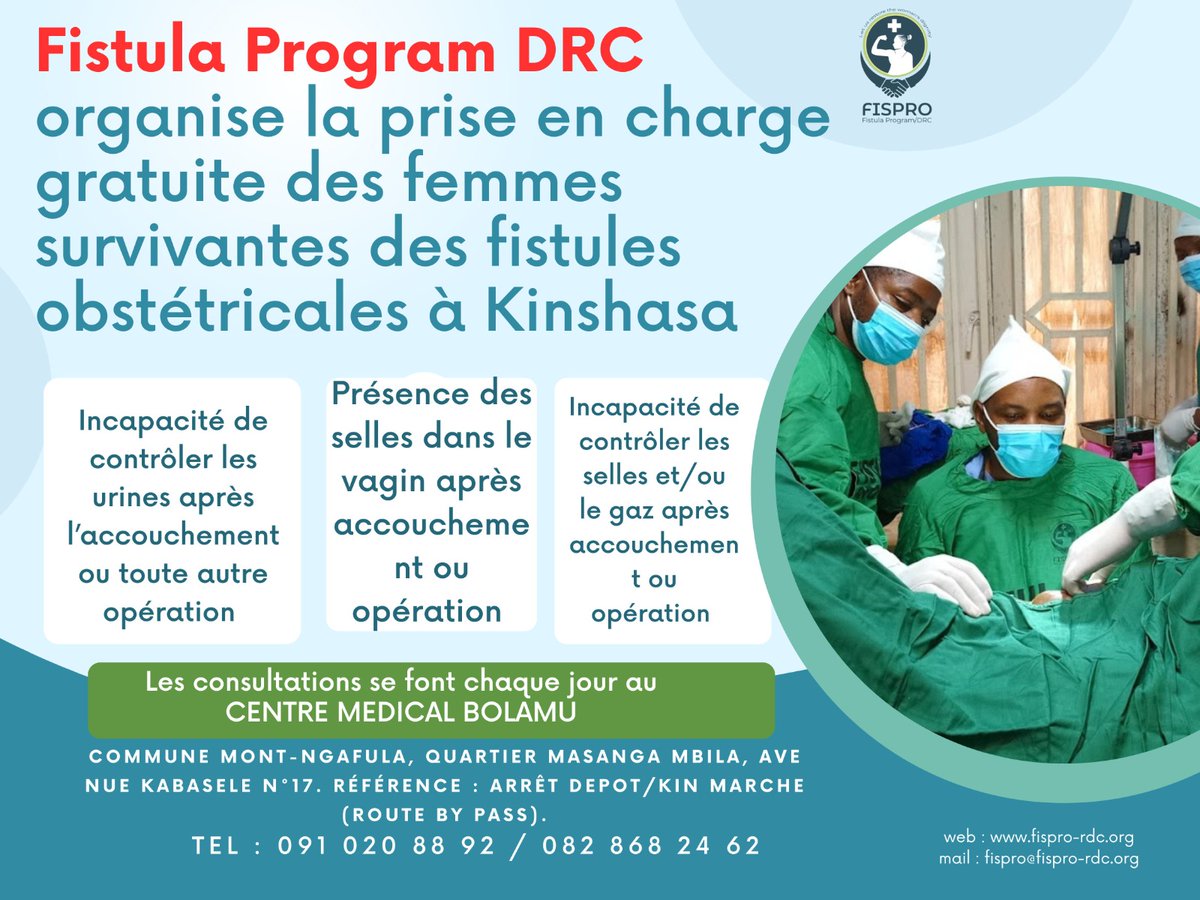 Fístula Program organise la réparation de la fistule obstétricale chaque jour à Kinshasa au Centre Hospitalier Bolamu.

La prise en charge de cette maladie est gratuite.
Venez vous faire soigner au sein de nos structures de santé pour retrouver le sourire longtemps perdu