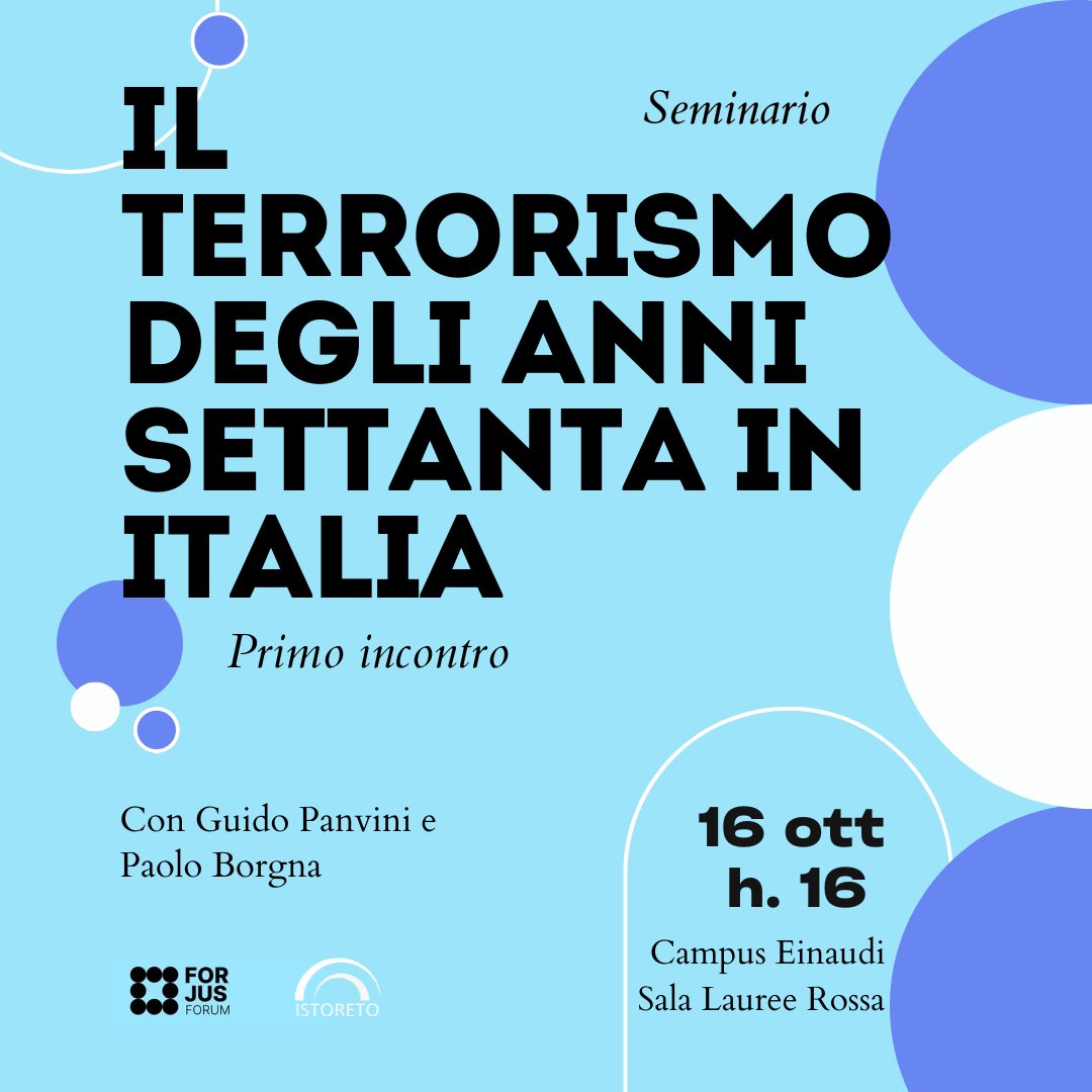 Vi aspettiamo mercoledì prossimo alle 16 al Campus Luigi Einaudi per il primo incontro del seminario Il terrorismo degli anni Settanta in Italia.

Un ciclo di incontri organizzato con Forjus Forum - Dipartimento di Giurisprudenza di <a href="/unito/">Università di Torino</a> 

#annisettanta #history