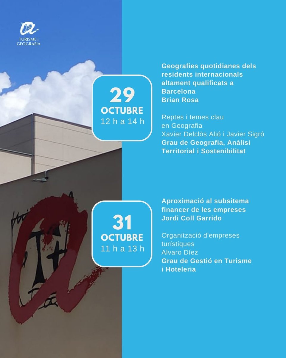 Comencem el primer semestre amb força! 

💥 Aquest octubre, a la Facultat de Turisme i Geografia, t'oferim 8 activitats exclusives amb la participació de professionals destacats del sector.

🙌🏻 Adreçat als alumnes de la Facultat.