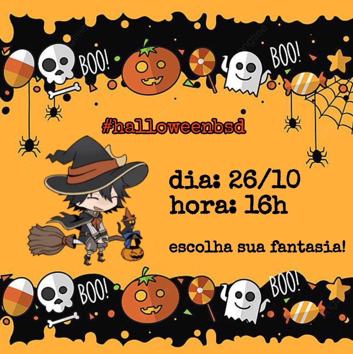‼️#HALLOWEENBSD‼️

Bem vindos ao mais novo evento do fandom! Desta vez faremos um #halloweenbsd que acontecerá no dia 26/10 (sábado) às 16h!

Será um evento no mesmo estilo do #arraialbsd, mas caso não saiba ainda como funciona, segue a thread👇 (+)