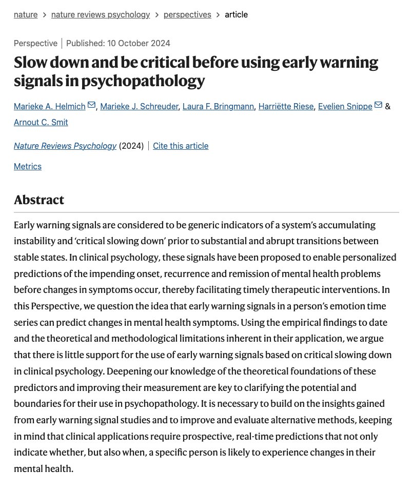 🚨New paper!🚨 Very excited to see our Perspective article on the use of early warning signals in psychopathology is now published in @natrevpsych.bsky.social!

Link to the PDF here rdcu.be/dWyLO
And 🧵/5 below 👇

#MentalHealth #psychology #Psychiatry