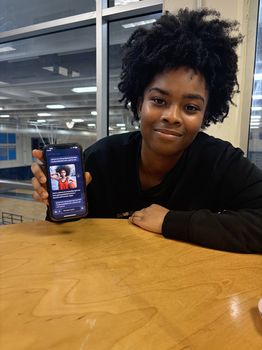 APSITAmber's tweet image. Our students are discovering the power of generative AI! Look at the image that one of our scholars created. 
Prompt: “Picture of a strong black girl that likes basketball, with a puff for hair.”
#APSITinspires