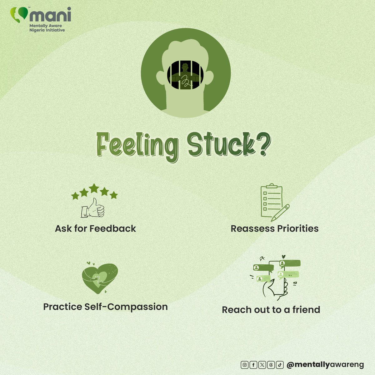 MentallyAwareNG's tweet image. Sometimes a change of pace can help. Try these activities to shift your mood and perspective. 💚 
#MANICheckIn 
#FeelingStuck 
#TrySomethingNew
#MentalHealthForAll
