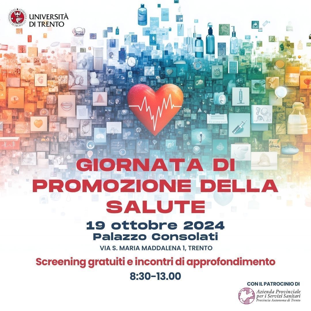 CISMed UniTrento (@unitrentocismed) on Twitter photo La tua salute conta! ❤️
Il 19 ottobre partecipa alla Giornata di Promozione della Salute: screening gratuiti e consigli dagli esperti. Prenditi cura di te! Iscrizioni su buff.ly/481vvS0 #Prevenzione #Salute #Benessere <a href="/ApssTn/">Azienda provinciale per i servizi sanitari Trento</a> <a href="/Ass_Apnoici/">Associazione Apnoici italiani (AAI ETS)</a> #A.L.I.Ce. #APAN La tua salute conta! ❤️
Il 19 ottobre partecipa alla Giornata di Promozione della Salute: screening gratuiti e consigli dagli esperti. Prenditi cura di te! Iscrizioni su buff.ly/481vvS0 #Prevenzione #Salute #Benessere <a href="/ApssTn/">Azienda provinciale per i servizi sanitari Trento</a> <a href="/Ass_Apnoici/">Associazione Apnoici italiani (AAI ETS)</a> #A.L.I.Ce. #APAN