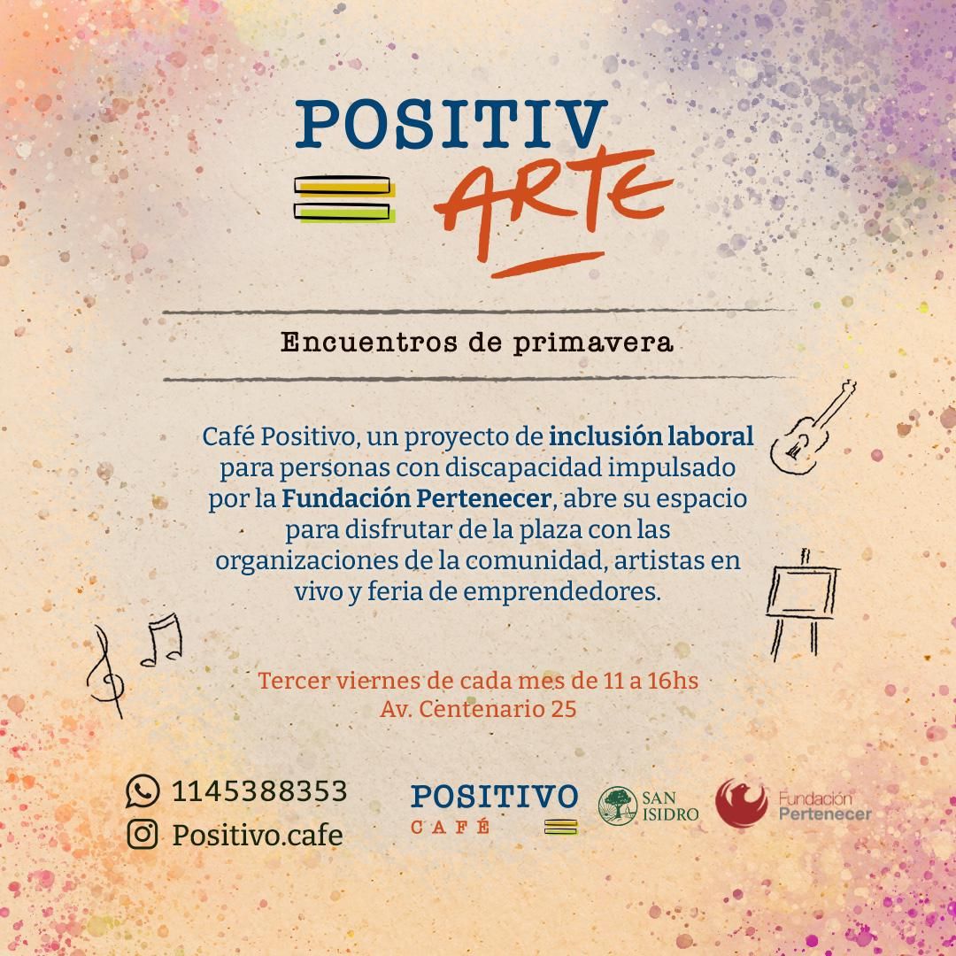 Nuevamente estaremos en la feria #PositivArte. Los esperamos el viernes 18/10 de 11 a 16hs para llevarse productos elaborados por los jóvenes de la fundación!!
Nos vemos en Av. Centenario 25, San Isidro.
🌧️Por lluvia, pasa al viernes 25/10

#fundacionnosotros #sanisidro