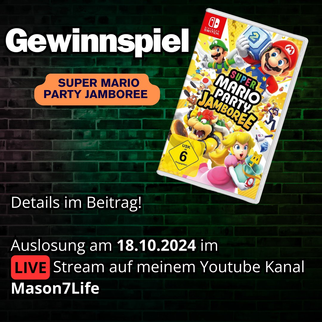 Mason7Life's tweet photo. Mach mit und gewinne Super Mario Party Jamboree:
👉 Abonniere meine YT Kanal https://t.co/EJhvcaXiL8
👉 Komm auf meinen Discord https://t.co/nPQbw56HeY
Die Verlosung findet am 18.10. LIVE statt. Teilnahmebedingungen auf meinem Discord. Das Gewinnspiel wird nicht von X gesponsert. https://t.co/8qkPCZTAz6