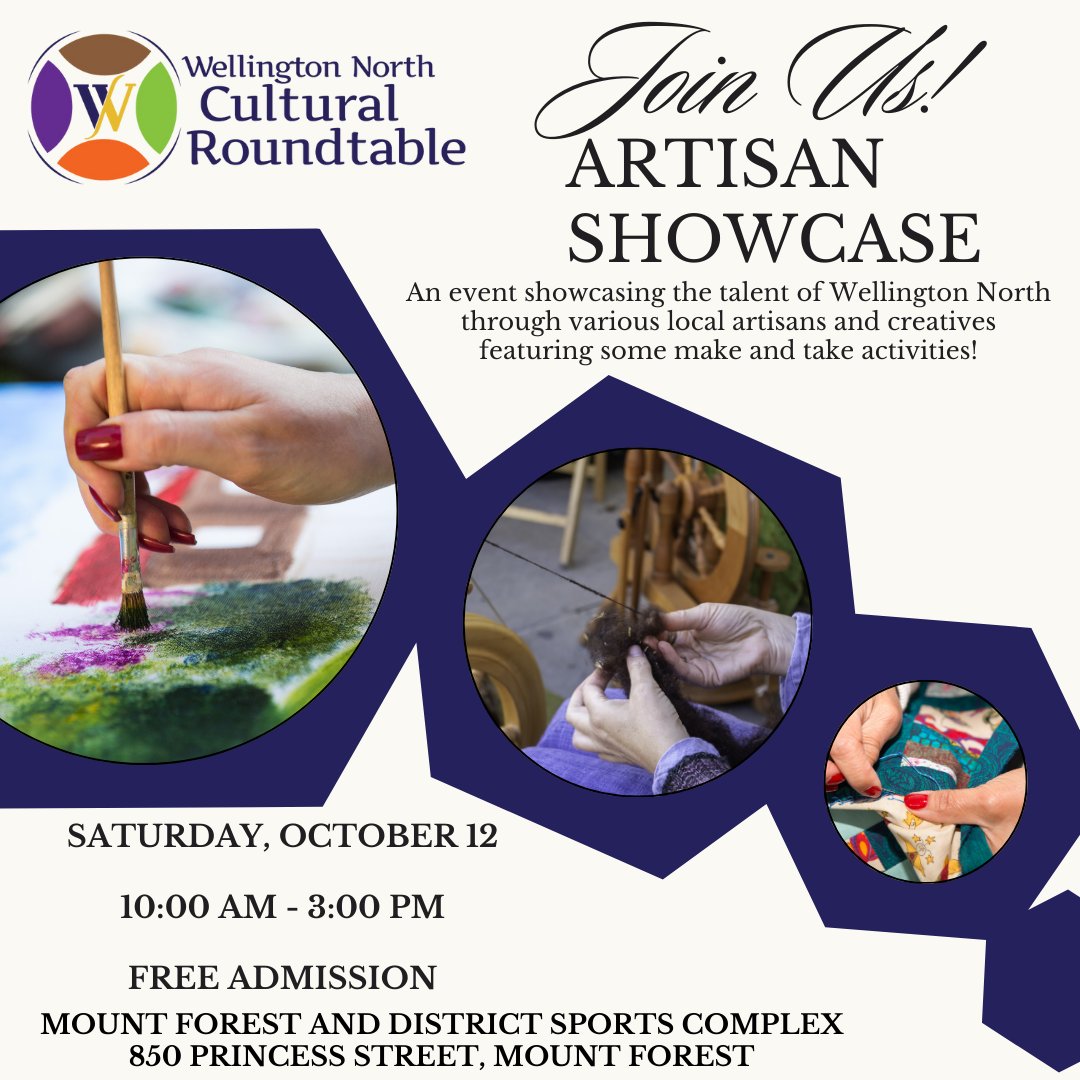 🎨 Exciting news! Join us for the Artisan Showcase on Oct 12, 2024, from 10 AM - 3 PM at the Mount Forest &amp; District Sports Complex! 🌟

Explore amazing handmade works from local artisans, meet the creators, and enjoy a day of creativity!

FREE admission! Don’t miss it! 🙌