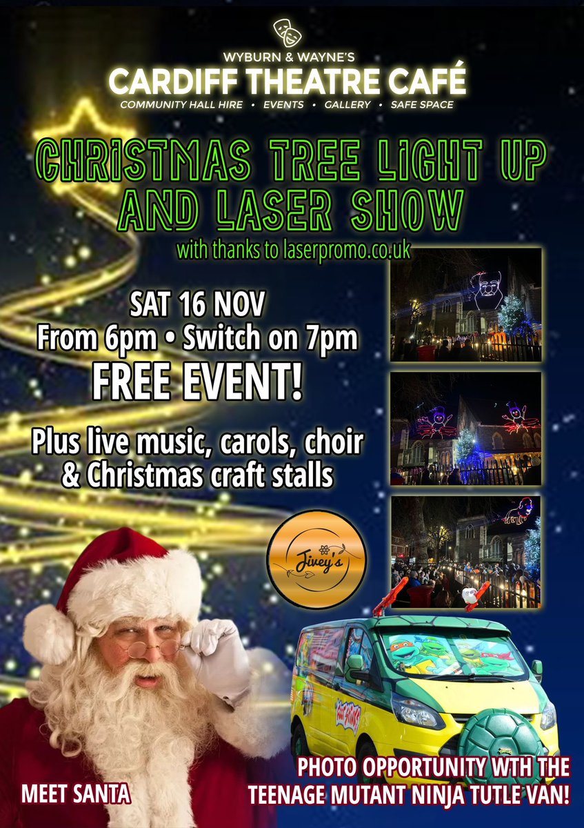Ho Ho Ho! Our epic festive laser light show and Christmas tree switch on is  BACK! Nov 16th and once again it’s FREE!! 🎄 
MEET SANTA, check out the craft stalls, enjoy live music from our beautiful singers and choir, plus the Ninja Turtles Van! Let’s light up Roath 🎄