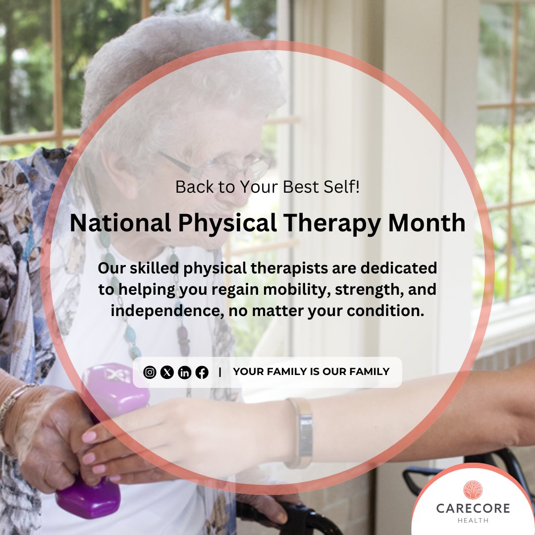 CarecoreH's tweet photo. October is National Physical Therapy Month! At CareCore, we celebrate the positive impact of PT on our residents' lives. From personalized plans to friendly support, we're dedicated to empowering active lifestyles! 🧡💪 #PhysicalTherapyMonth #ActiveAging https://t.co/KAhmNlzn1i