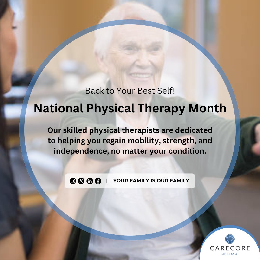 CarecoreLima's tweet photo. October is National Physical Therapy Month! At CareCore at Lima, we’re proud to showcase how physical therapy enhances our residents' lives. Our team is dedicated to empowering them with personalized plans and support! 🧡💪 #PhysicalTherapyMonth #ActiveAging https://t.co/Gmn1WIsbLi