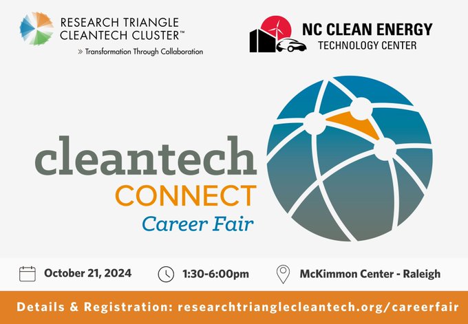InnoVectorTech's tweet photo. The annual Cleantech Connect Career Fair is Oct 21 at @NCState! Employer and jobseeker registration is open! Visit https://t.co/MLaBNN6G84 to learn more and register ⚡@NCCleanTech ️@tricleantech #CleanTech #CareerFair https://t.co/lIbGHwDRuF