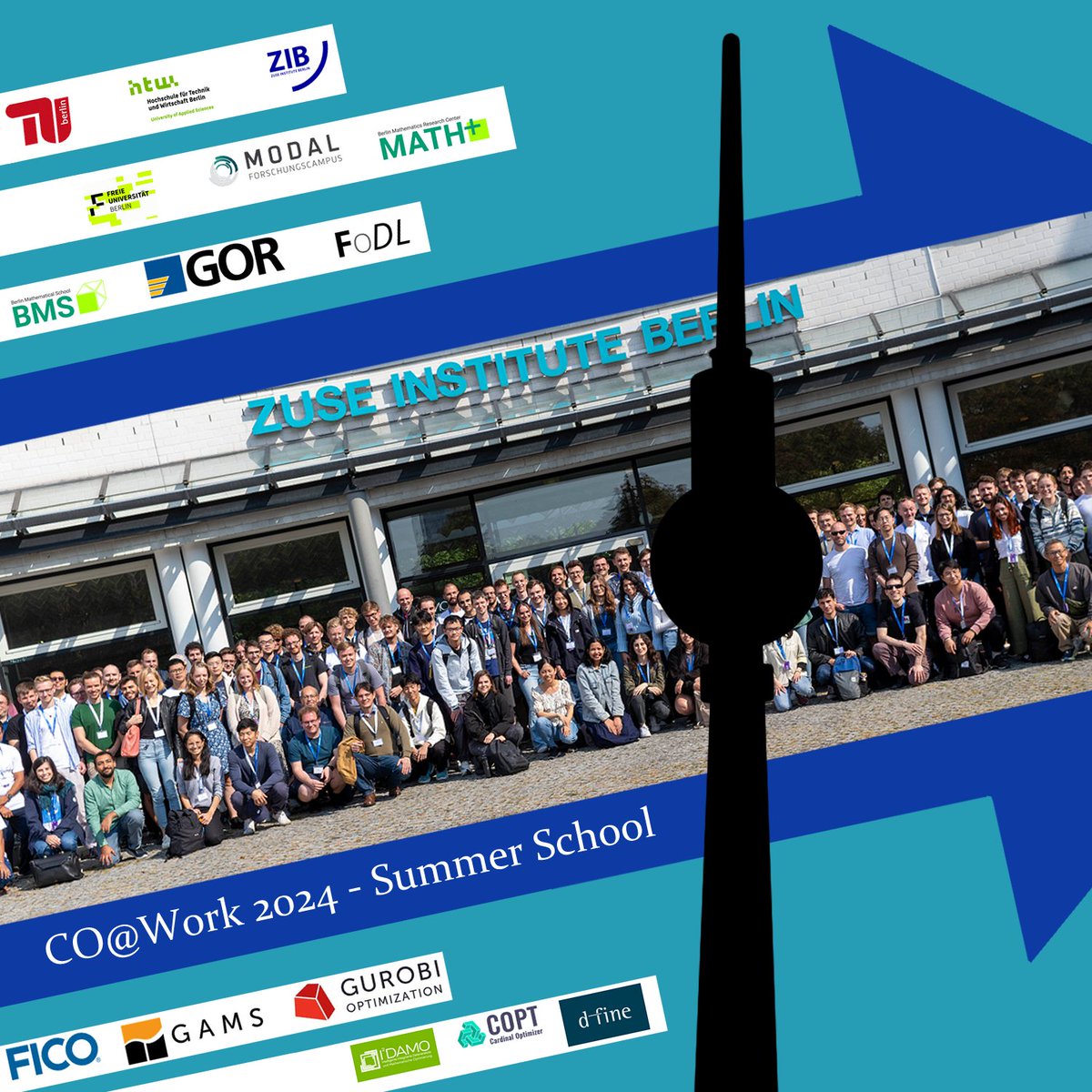 The summer school CO@Work 2024 took place from Sep 16-27, 2024, at ZIB and was organized jointly by TU, HTW, FU, and ZIB
142 on-site, plus 408 online participants took part in 43 lectures on the latest progress in computational optimization and mathematical programming!