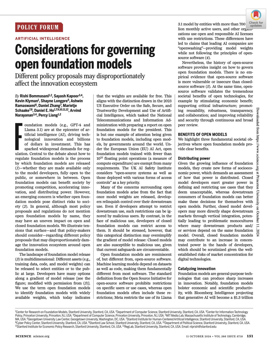 sayashk's tweet photo. A year ago, @RishiBommasani, @percyliang, @random_walker, and I organized a workshop on open models. 

Today, I am pleased to share the culmination of this effort. Our paper on governing open foundation models has been published in @ScienceMagazine: https://t.co/yUHjfVWliU https://t.co/P7E4FmeUmz