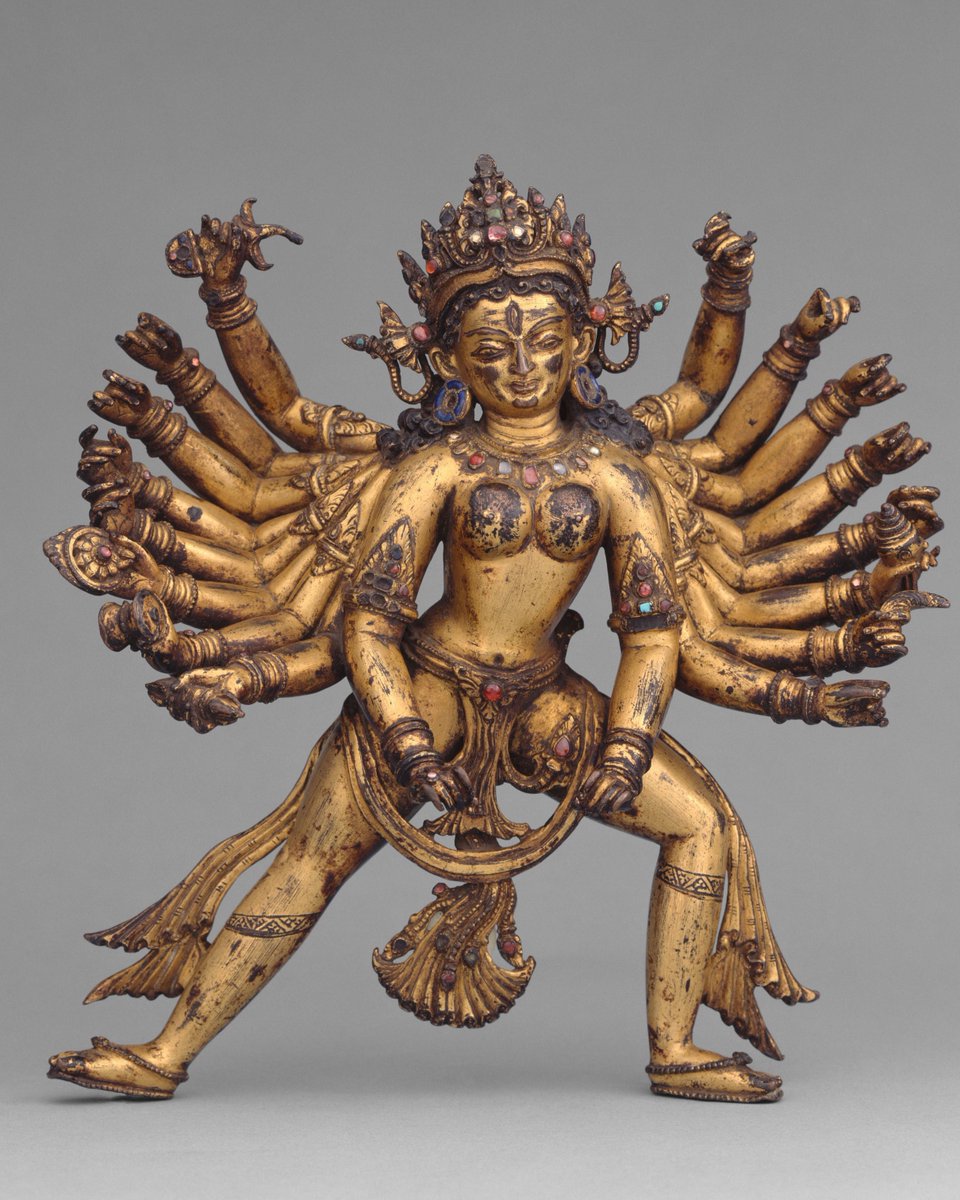 Eighteen Armed Devi Durga, the Unconquerable one, the Slayer of the Buffalo demon Mahishasura.
(Copper Alloy Sculpture inlaid with semiprecious stones; 14th Century, Nepal)
#Navrati #India #Sanskrit #DurgaPuja