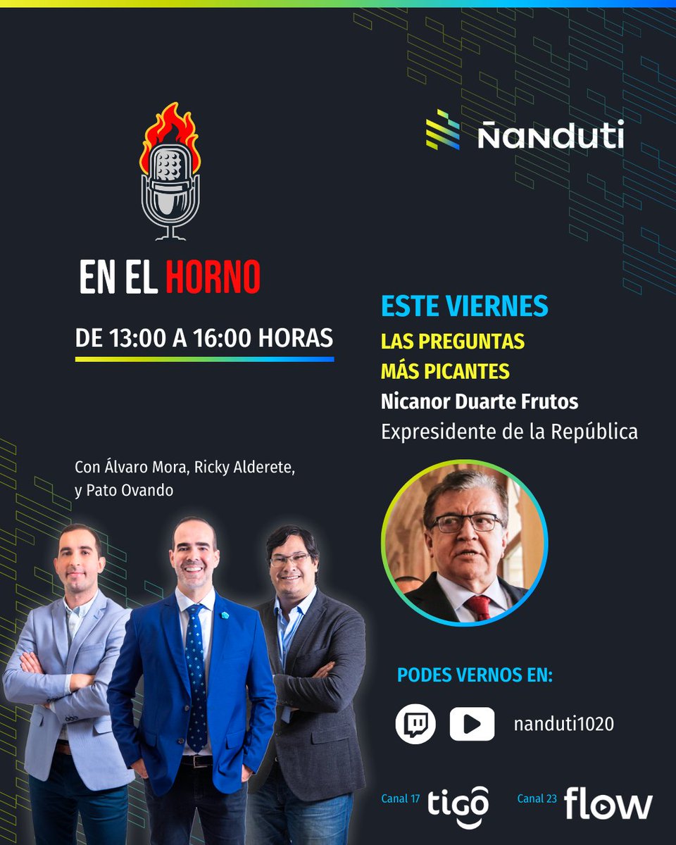 Radio Ñandutí (@nanduti) on Twitter photo ¡<a href="/NicanorDF/">Nicanor Duarte F.</a> estará #EnElHorno!
<a href="/alvaromorapy/">Alvaro Mora</a> y <a href="/juanangelovando/">Pato Ovando</a> le harán las preguntas más picantes en el programa más encendido de todas las siestas.
Desde las 13:00 horas seguí por todas las plataformas de #Ñanduti ¡<a href="/NicanorDF/">Nicanor Duarte F.</a> estará #EnElHorno!
<a href="/alvaromorapy/">Alvaro Mora</a> y <a href="/juanangelovando/">Pato Ovando</a> le harán las preguntas más picantes en el programa más encendido de todas las siestas.
Desde las 13:00 horas seguí por todas las plataformas de #Ñanduti