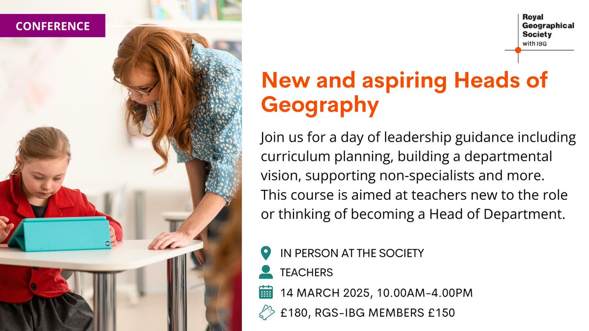RGS-IBG Schools (@rgs_ibgschools) on Twitter photo Are you a geography teacher new to the Head of Department role?
Join us for a jam-packed day of leadership guidance to help build your confidence with speakers such as <a href="/kate_stockings/">Kate Stockings</a>, <a href="/gceyre/">Graeme Eyre 🌍📓</a>, <a href="/paulsturtivant/">Paul Sturtivant FCCT CGeog</a> and <a href="/FieldStudiesC/">Field Studies Council</a>
From £150...Book now ow.ly/MCgR50TEcn4 Are you a geography teacher new to the Head of Department role?
Join us for a jam-packed day of leadership guidance to help build your confidence with speakers such as <a href="/kate_stockings/">Kate Stockings</a>, <a href="/gceyre/">Graeme Eyre 🌍📓</a>, <a href="/paulsturtivant/">Paul Sturtivant FCCT CGeog</a> and <a href="/FieldStudiesC/">Field Studies Council</a>
From £150...Book now ow.ly/MCgR50TEcn4