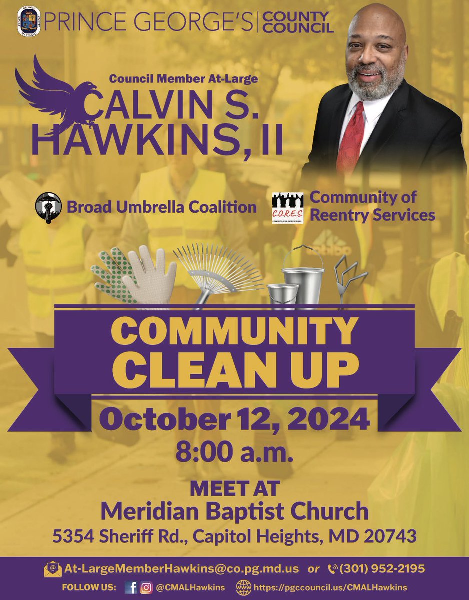 In collaboration with the Broad Umbrella Coalition, Prince George's County Office of Community Relations, and Community of Reentry Services, I'm hosting a Community Clean Up!

#PrinceGeorgesCounty
#PrinceGeorgescountymd
#princegeorgesproud
#hawkinsoutnabout 
#thepeopleschamp