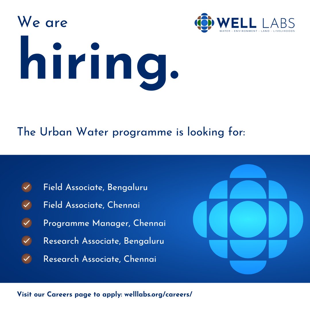 #JobAlert! The Urban Water team is #hiring for multiple positions.  

Location: Bengaluru  and Chennai (hybrid)

Read the #JDs and apply here: welllabs.org/careers/