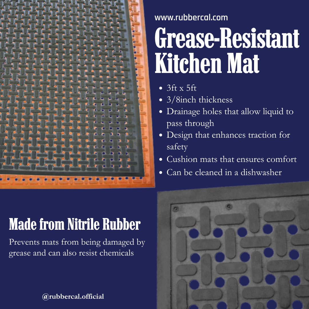 rubbercalhelp's tweet image. Nitrile Rubber is known for its resilience, traction, and grease resistance. If you are looking for a rubber mat with drainage holes to protect areas vulnerable to animal oils and petroleum spills, this the mat you need!
#kitchen #rubbercal #kitchenmat