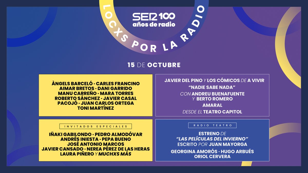 ✨ ¡Este 15 de octubre vive un día de radio histórico! 

📻 Celebramos los #100AñosSER con una programación especial acompañados de invitados inolvidables y recuperaremos momentos que han quedado para siempre en nuestros corazones

¡Será un evento único! #LocxsPorLaRadio