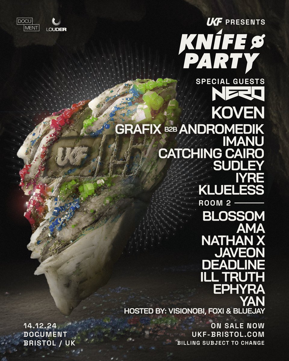 UKF (@ukf) on Twitter photo BRISTOL 📍 LINE-UP ANNOUNCED
Our UKF15 celebrations end with a bang w/ Knife Party, Nero, Koven, Grafix, Andromedik, IMANU, <a href="/catchingcairo/">Catching Cairo</a>, Blossom, IYRE, Ama, Sudley + more in new warehouse venue Document 📢
Tix will sell out - get yours here: ukf-bristol.com BRISTOL 📍 LINE-UP ANNOUNCED
Our UKF15 celebrations end with a bang w/ Knife Party, Nero, Koven, Grafix, Andromedik, IMANU, <a href="/catchingcairo/">Catching Cairo</a>, Blossom, IYRE, Ama, Sudley + more in new warehouse venue Document 📢
Tix will sell out - get yours here: ukf-bristol.com