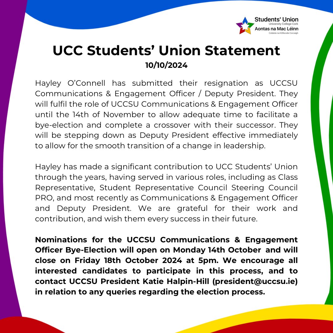 A statement from the UCC Students’ Union Executive 2024/25 regarding the resignation of Hayley O’Connell.

Hayley has done tremendous work for the Union throughout their time in office and we wish them the very best in the future.