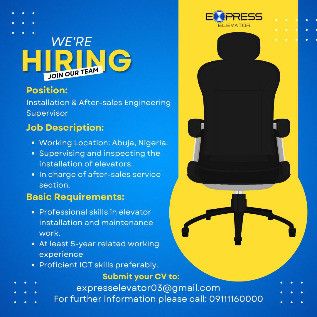 Exp_elevator's tweet image. We&apos;re hiring for Admin Manager, Installation &amp;amp; After-sales Engineering Supervisor, and Marketing roles (Full-time &amp;amp; Part-time). Join the Express Elevator team and help us deliver excellence!

#ExpressElevator #NowHiring #JobOpportunities #JoinOurTeam