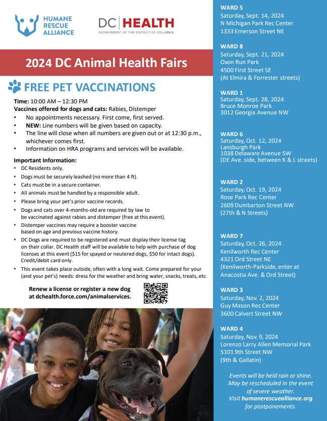 _DCHealth's tweet photo. The next animal health fair will be this weekend, Saturday, Oct. 12, Ward 6, Lansburgh Park, 1038 Delaware Avenue SW (DE Ave. side, between K &amp; L Streets), from 10:00 am – 12:30 pm. Free Vaccines Offered: Rabies, Distemper.

DC dog licenses will also be available for purchase. https://t.co/4aNsr46btB