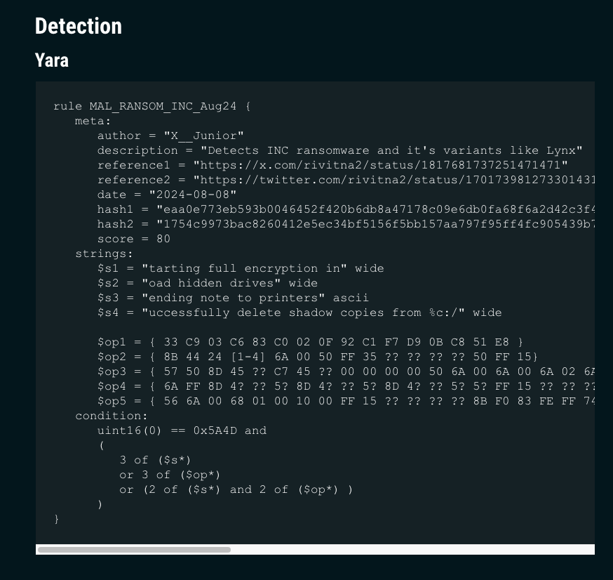 cyb3rops's tweet photo. . @X__Junior from my team analyzed #Lynx ransomware and included a #YARA rule, IOCs and link to a Sigma rule that detects the activity https://t.co/92SCF7lPMq
