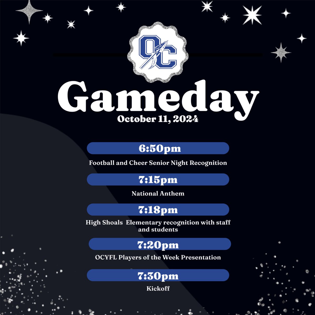 OCHS_Athletics's tweet photo. It's Friday In Watkinsville! Here is the run of show for pregame ceremonies starting at 6:50pm with football and cheer senior night. #WeAreOne #SpearEm https://t.co/kVJyNzS7Gz