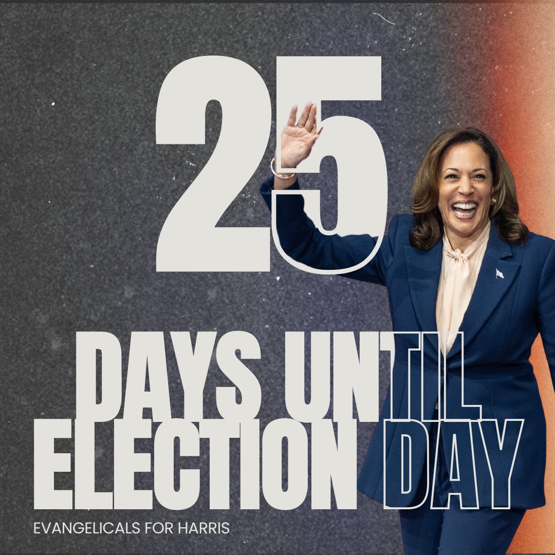 Evangels4Amer's tweet photo. As followers of Christ, we are called to love our neighbors, seek justice, and stand for truth. In 25 days, we have an opportunity to bring that vision to life. Kamala Harris stands for the values that align with our faith: compassion, equality, and dignity for all.

🗳️ Pray, prepare, and vote! Together, we can bring about positive change for our nation.
https://t.co/i2GYNJWZqt 

#EvangelicalsForHarris #VoteForJustice #FaithAndAction #25DaysToGo