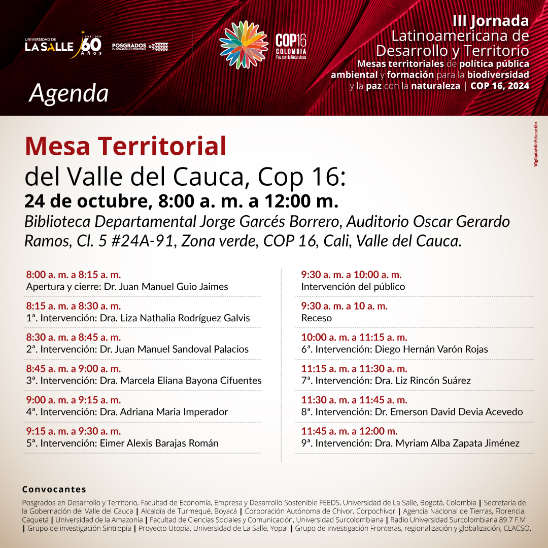 unisalle's tweet photo. 🌍🤝 ¡No te pierdas la 3ra Jornada Latinoamericana de Desarrollo y Territorio! 🌿 Mesas de política pública ambiental y formación para la paz con la naturaleza. 🗓️ Del 21/09 al 22/11. #COP16 #DesarrolloSostenible #Biodiversidad #LaSalle https://t.co/JDifoYpZu0