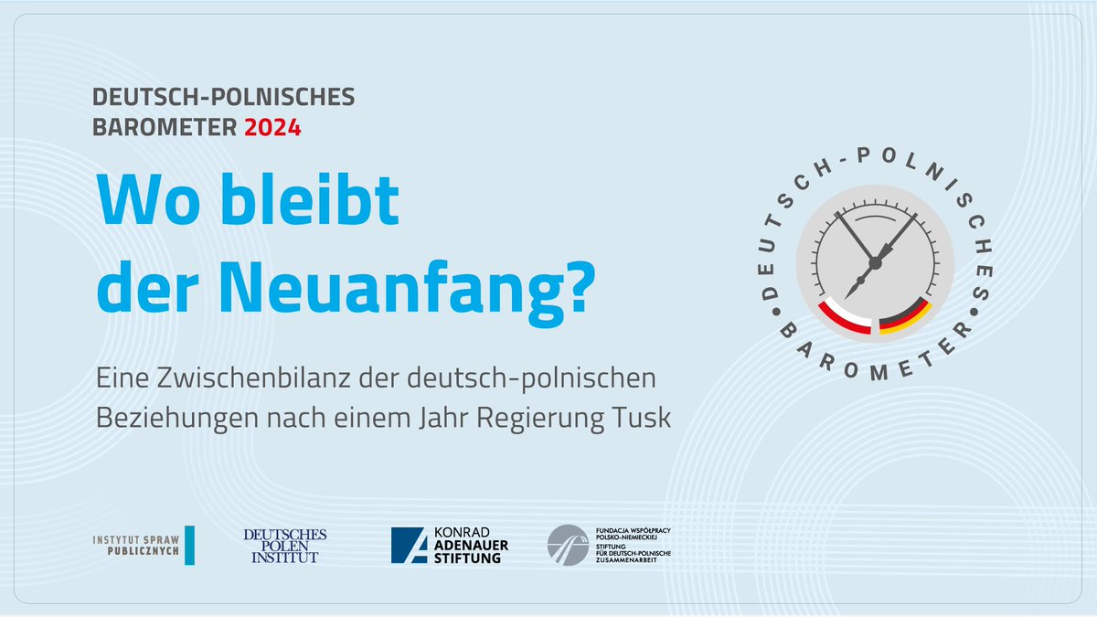Deutsches Polen-Institut (@dt_pl_inst) on Twitter photo Deutsch-polnische Beziehungen nach einem Jahr Regierung Tusk: <a href="/Dt_Pl_Inst/">Deutsches Polen-Institut</a>, <a href="/FWPN_SdpZ/">FWPN_ SdpZ</a>, <a href="/KASonline/">Adenauer-Stiftung</a> und @ISPThinkTank laden ein zur Präsentation des Forschungsberichtes Deutsch-Polnisches Barometer 2024 am 24. Oktober um 18 Uhr in Berlin. #BarometerPL_DE
👉 deutsches-polen-institut.de/termine/aktuel… Deutsch-polnische Beziehungen nach einem Jahr Regierung Tusk: <a href="/Dt_Pl_Inst/">Deutsches Polen-Institut</a>, <a href="/FWPN_SdpZ/">FWPN_ SdpZ</a>, <a href="/KASonline/">Adenauer-Stiftung</a> und @ISPThinkTank laden ein zur Präsentation des Forschungsberichtes Deutsch-Polnisches Barometer 2024 am 24. Oktober um 18 Uhr in Berlin. #BarometerPL_DE
👉 deutsches-polen-institut.de/termine/aktuel…