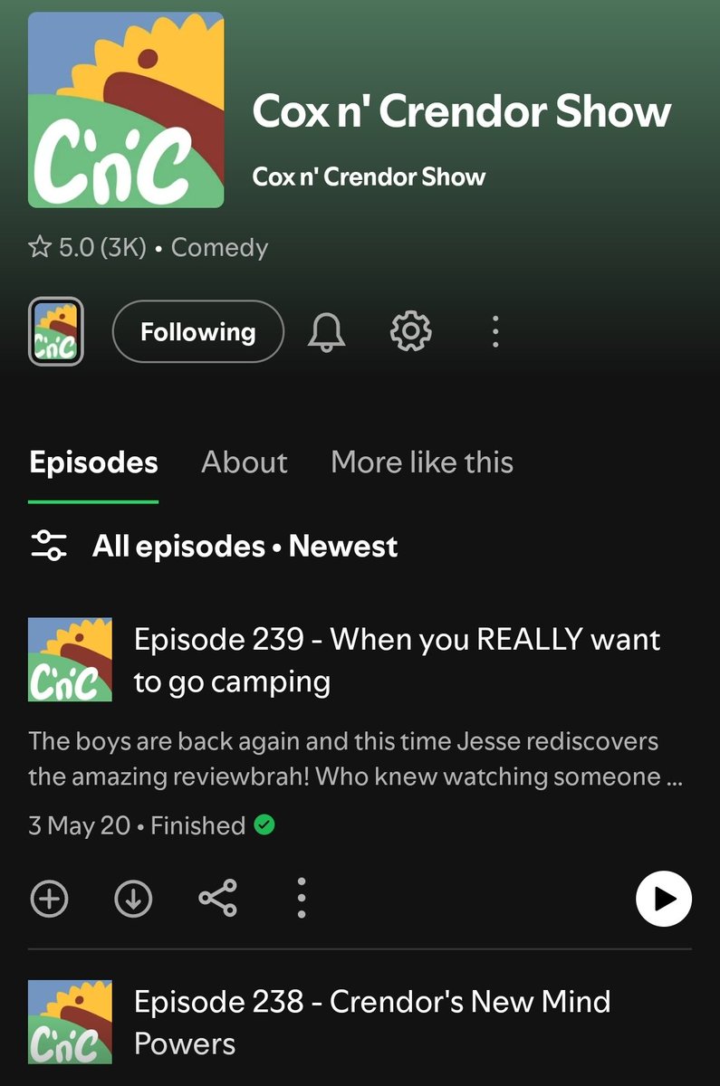 TheEldritchSuit's tweet photo. @JesseCox Is it just me or did all the newer CnC episodes vanish off Spotify? Yesterday the episode count was in the 400s, now 239 is the latest??? (Yes I'm scrolled all the way up). https://t.co/gMGJ3hYhOR