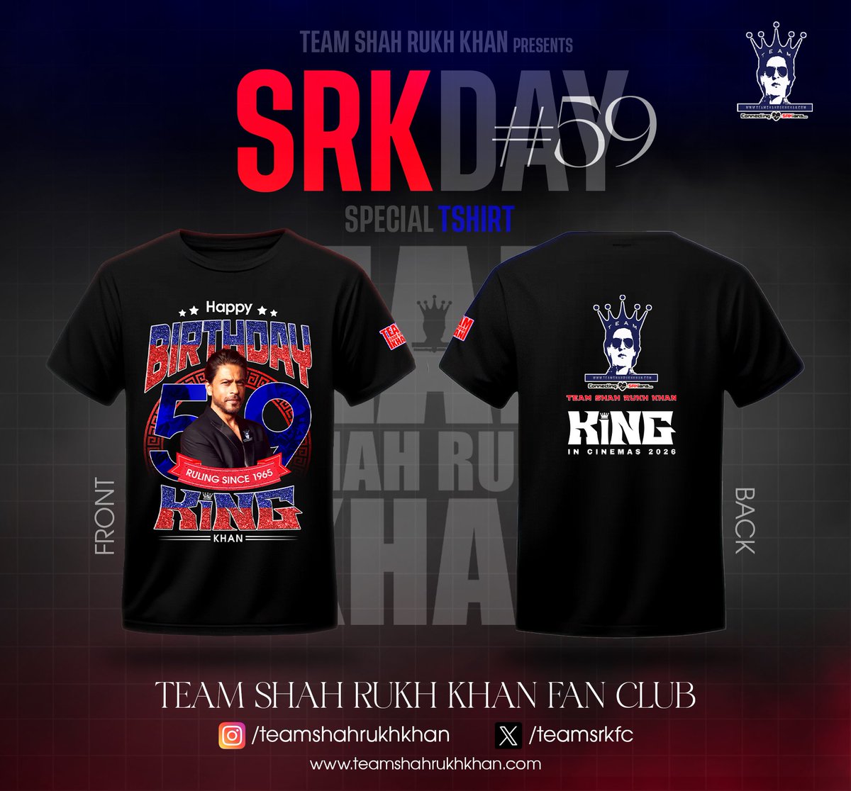 teamsrkfc's tweet photo. 𝗧𝗵𝗲 𝗕𝗲𝘀𝘁 𝗮𝗻𝗱 𝗣𝗲𝗿𝗳𝗲𝗰𝘁 𝗧-𝗦𝗵𝗶𝗿𝘁 𝗗𝗲𝘀𝗶𝗴𝗻 𝗳𝗼𝗿 𝗦𝗥𝗞 𝟱𝟵𝘁𝗵 𝗕𝗶𝗿𝘁𝗵𝗱𝗮𝘆 𝗶𝘀 𝗛𝗲𝗿𝗲! 🎉

This isn’t just any birthday, it’s the King’s special day! #SRKDay 👑✨
To honor our idol, Team Shah Rukh Khan Fan Club created the coolest t-shirt design, made by fans for fans! 🖤

Let’s paint the world with the magic of SRK – wear it, flaunt it, and show the world why we’re the ultimate fan club! 💫

Tag your fellow SRKians and join the celebration! 🎈 
#SRK59 #TeamShahRukhKhan #SRKBirthdayTshirt #SRKBirthday

Because it’s always about spreading the love for the one and only, SRK! 👏