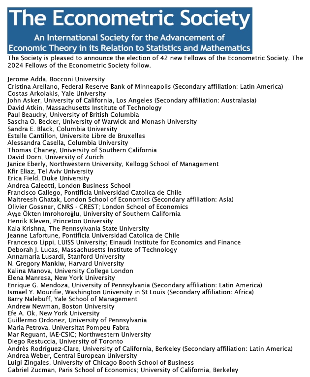 Congratulations to the 42 new Fellows of the Econometric Society!