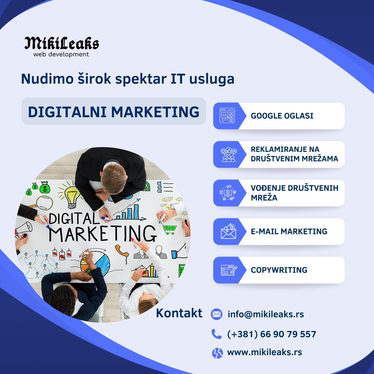 mikileaks_web's tweet photo. Nudimo širok spektar IT usluga
DIGITALNI MARKETING

- Google oglasi
- Reklamiranje na društvenim mrežama
- Vođenje društvenih mreža
- E-mail marketing
- Copywriting 

https://t.co/JgplZTElNh https://t.co/RVMTOR1XI2