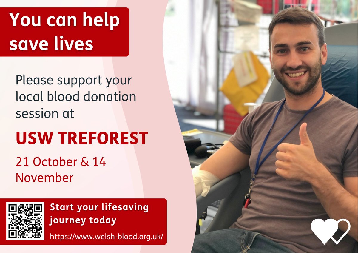 The <a href="/WelshBlood/">Welsh Blood 🏴󠁧󠁢󠁷󠁬󠁳󠁿</a> Service is coming to <a href="/UniSouthWales/">University of South Wales</a> on 21 October and 14 November. It only takes 45 minutes to help save a life, and the team will take very good care of you - plus there is a lovely selection of biscuits!

Book your session now:  wbs.wales/USWUnilife