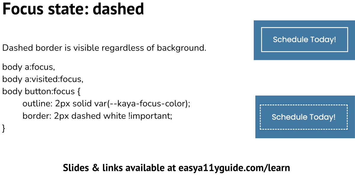 A good focus state for your links can be a challenge. Blue with white works great, right until your client wants a blue background with a white outline for a button to start with. Dashed border to your rescue. Dashed helps your focus show up all the time, even when clients have c