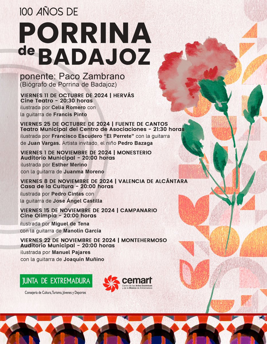 AgcexOrg's tweet photo. 🎯Regresan las Conferencias Ilustradas para celebrar los 100 años del nacimiento del Porrina de Badajoz que organiza el #CEMART y la @cultura_EXT
Recorrerán 6 localidades de la región: Hervás, Fuente de Cantos, Monesterio, Valencia de Alcántara, Campanario y Montehermoso
Todaℹ️👇 https://t.co/eUwMmGWSw4