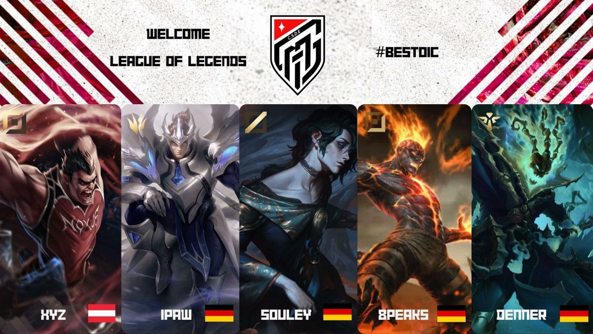 csde League of Legends (@csdelol) on Twitter photo We are proud to announce our League of Legends roster for the upcoming <a href="/PrimeLeague/">Die Techniker Prime League</a> Winter Season! #Bestoic
@EUWXYZ1
@GoDiPaw
<a href="/LoLSouley/">SOULEY</a>
<a href="/b0ssc0ck/">b0ssc0ck / 8peaks</a>
<a href="/Dennerlol1/">Denner</a>
Substitute: <a href="/Header_lol/">Header</a> We are proud to announce our League of Legends roster for the upcoming <a href="/PrimeLeague/">Die Techniker Prime League</a> Winter Season! #Bestoic
@EUWXYZ1
@GoDiPaw
<a href="/LoLSouley/">SOULEY</a>
<a href="/b0ssc0ck/">b0ssc0ck / 8peaks</a>
<a href="/Dennerlol1/">Denner</a>
Substitute: <a href="/Header_lol/">Header</a>