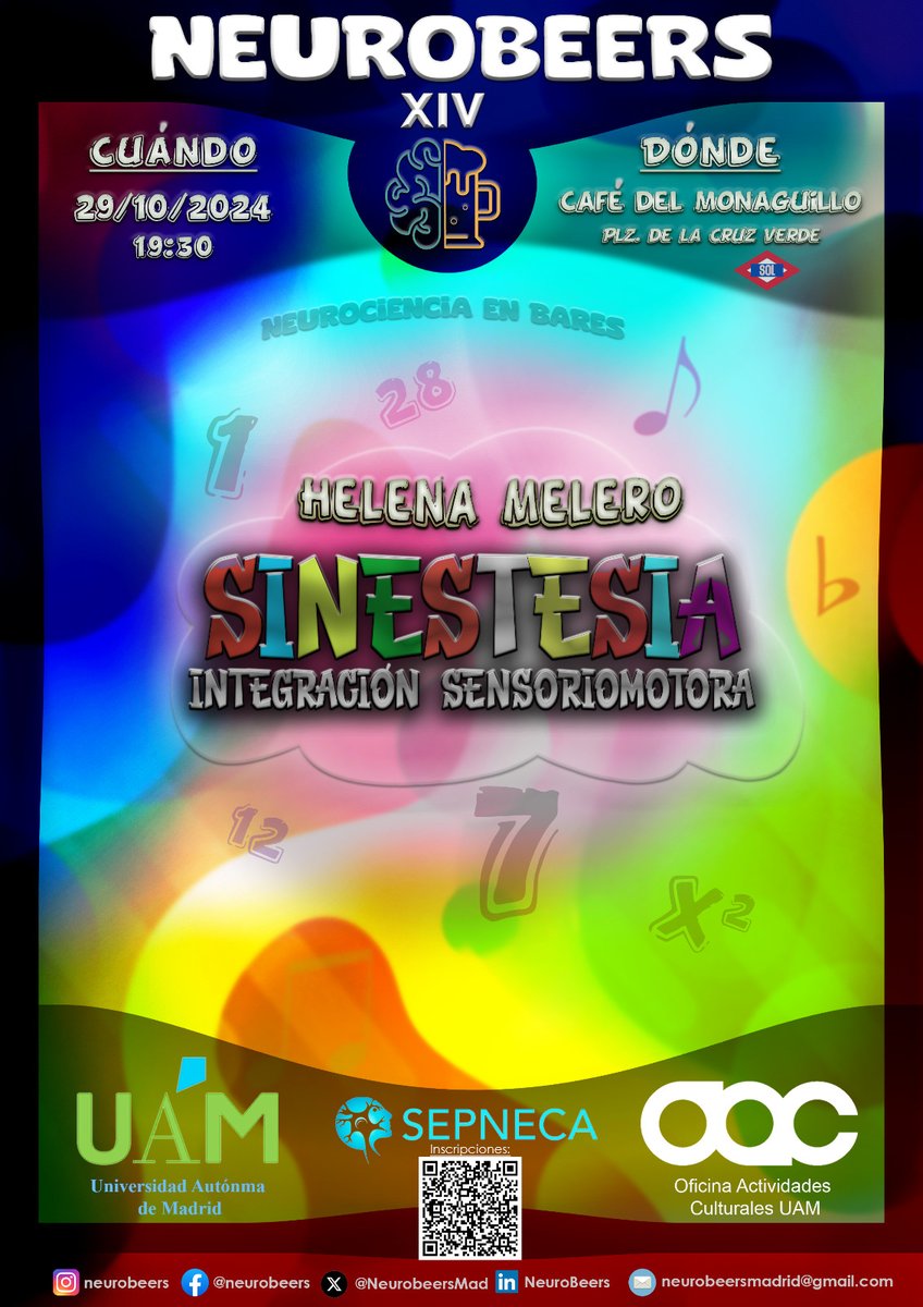 🧠🍻 ¡Llega la XIV edición de #NeuroBeers!🥳
El martes 29 de octubre, te esperamos en el Café del Monaguillo para una charla súper interesante sobre sinestesia e integración sensoriomotora de la mano de Helena Melero. 

¡No te lo pierdas! 😊

#DivulgaciónCientífica