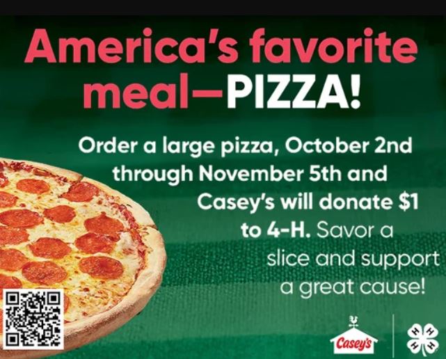 Celebrate National Pizza Month with 4-H's favorite pizza from Casey's! For every large pizza bought now to November 5. Casey's will donate $1 to 4-H programs, up to $100,000!  For more information, click
4-h.org/caseyspizza/
<a href="/Nebraska4H/">Nebraska 4-H</a> 
<a href="/UNLExtension/">Nebraska Extension</a>