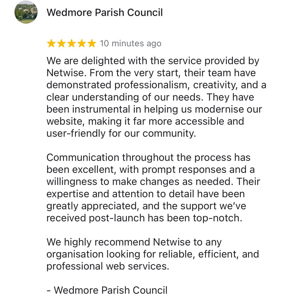 NetWiseUK's tweet photo. We’re always thrilled to get a glowing review from one of our Councils, especially on a Friday afternoon #localgov #parishcouncil #towncouncil #communitycouncil ouncil https://t.co/6iFjQmzYAG