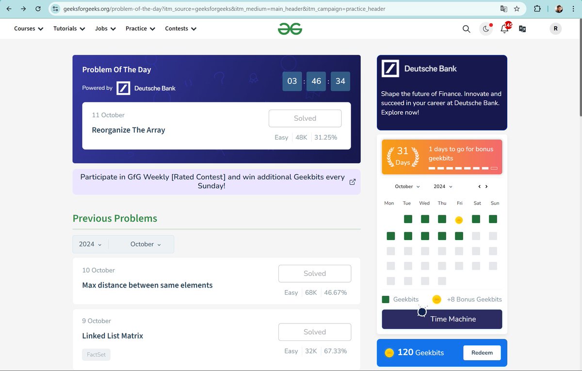 Day 31 of #geekstreak2024! 🎉 Solved the POTD "Reorganize The Array"📷
<a href="/geeksforgeeks/">GeeksforGeeks | Learn to Code</a>
<a href="/DeutscheBank/">Deutsche Bank</a>
11 October 2024📷 #DSA  #DeutscheBank