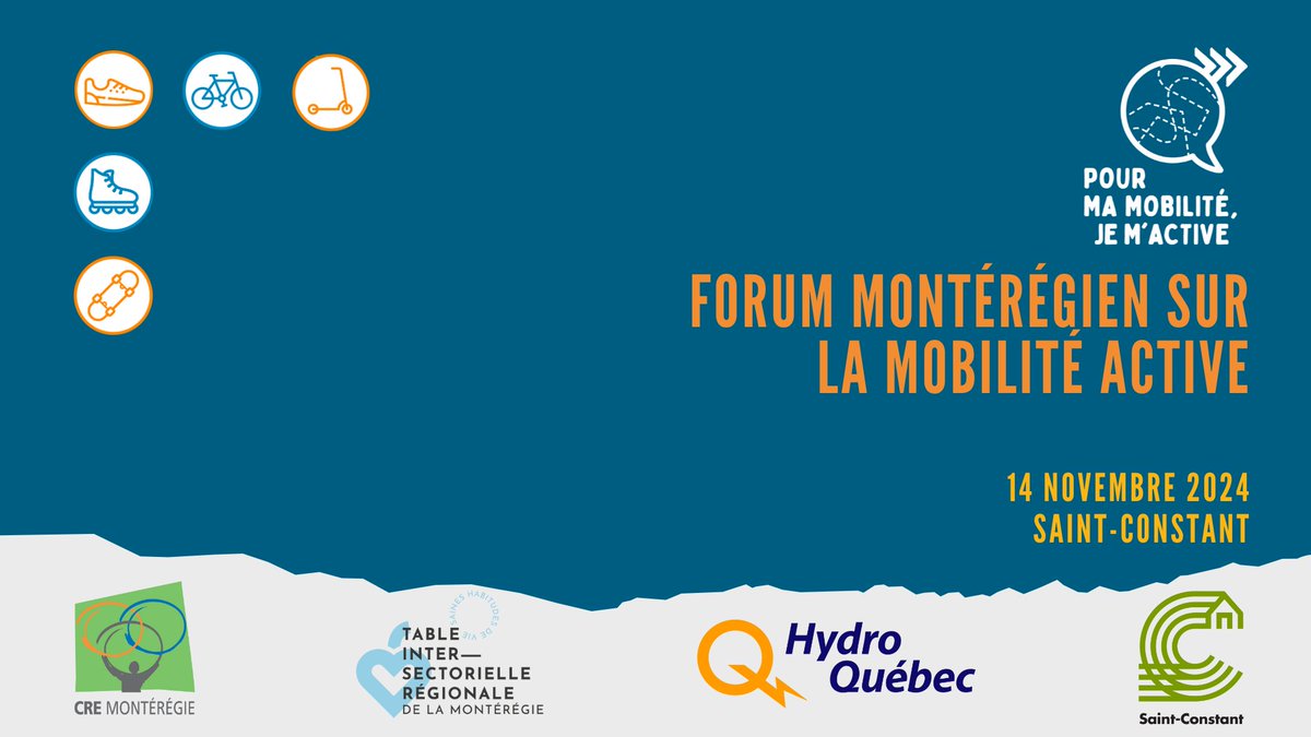 2e Forum montérégien sur la mobilité active 
🗓️ Jeudi le 14 novembre 2024 
📍 Pavillon de la biodiversité  à Saint-Constant
🎟 Inscrivez-vous avant le 28 octobre pour profiter du tarif hâtif▶️lnkd.in/eAPdvHfQ
#mobilité #mobilitéactive #vélo #piétons #montérégie