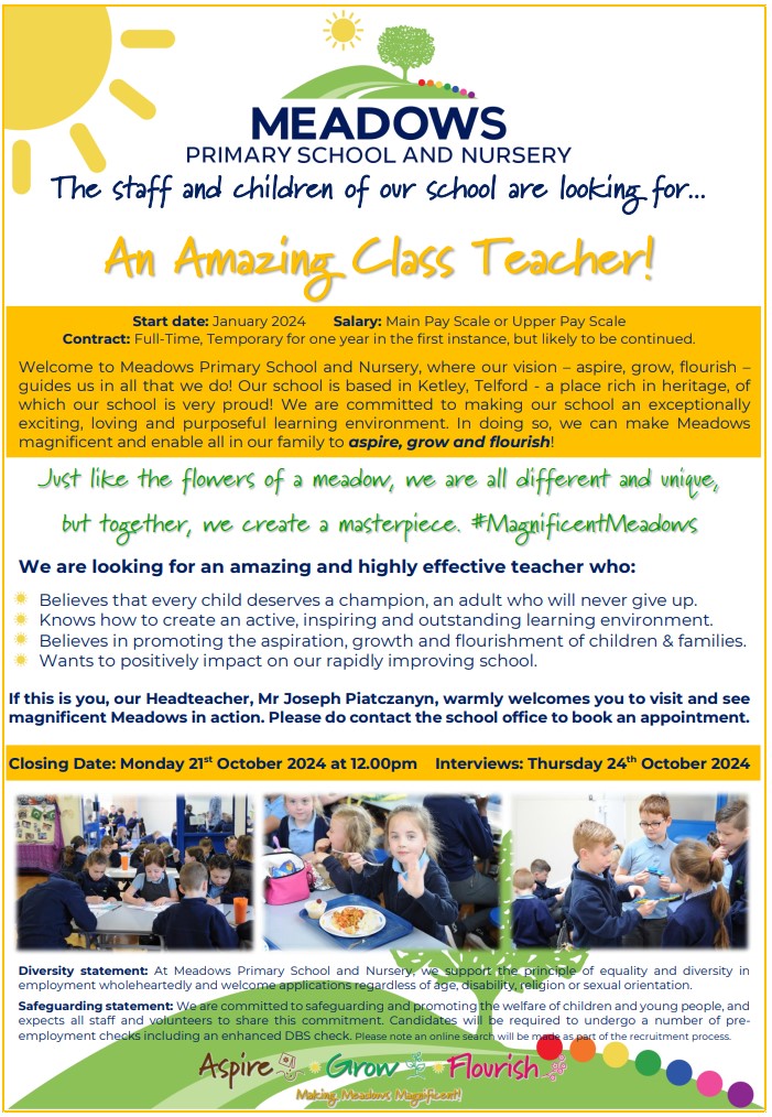 An opportunity to join our school as a Classroom Teacher has arisen! 

meadowsprimaryschool.co.uk/Join-the-Team/

#MagnificentMeadows🌞🌳💙